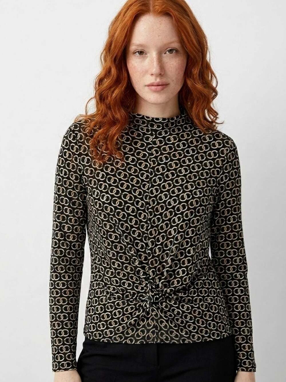 CareerWear, Equestrian Chain Print Top, Mock Neck, Twist Tie, Size M,